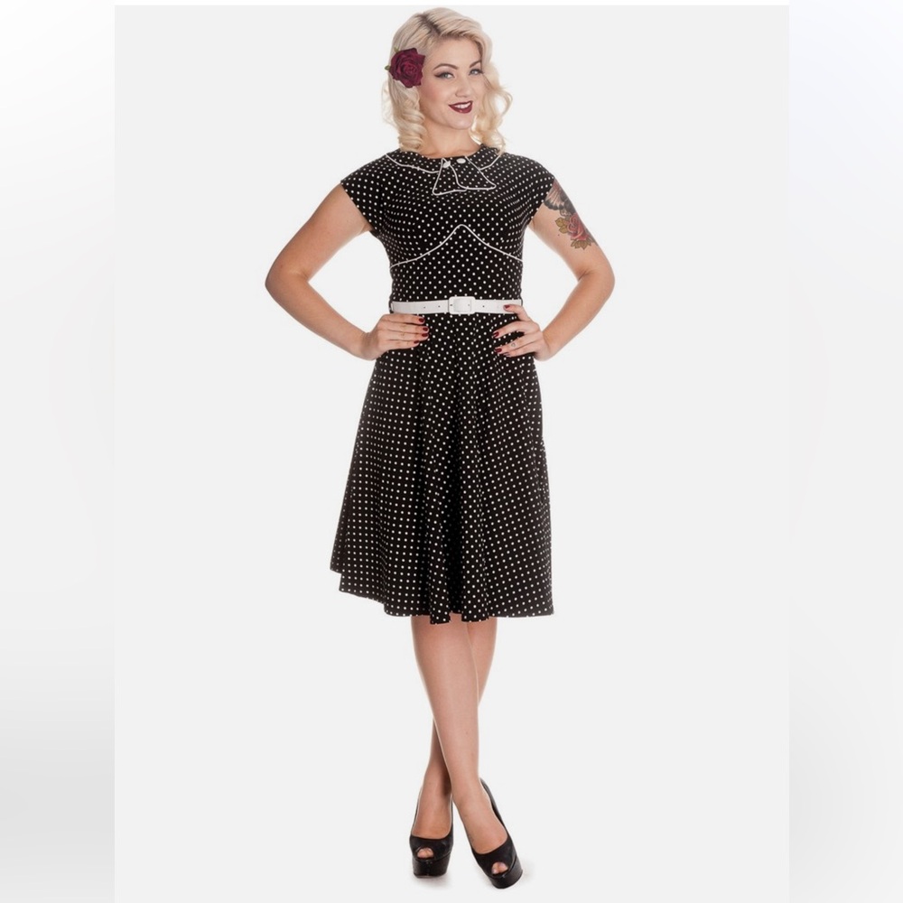 Hell Bunny Noreen Pinup Girl Retro Black Polka Dot Swing Dress 2XL
